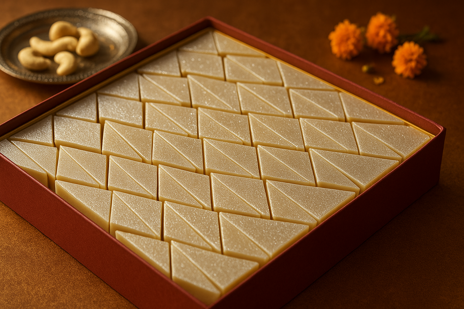 Fresh and luxurious Kaju Katli pieces in a neatly arranged box, showcasing the finest cashew sweets from RMB Misthan Bhandar.